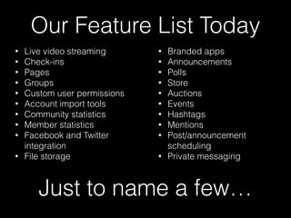 Our Feature List Today
• Live video streaming
• Check-ins
• Pages
• Groups
• Custom user permissions
• Account import tools
• Community statistics
• Member statistics
• Facebook and Twitter
integration
• File storage
• Branded apps
• Announcements
• Polls
• Store
• Auctions
• Events
• Hashtags
• Mentions
• Post/announcement
scheduling
• Private messaging
Just to name a few…
 