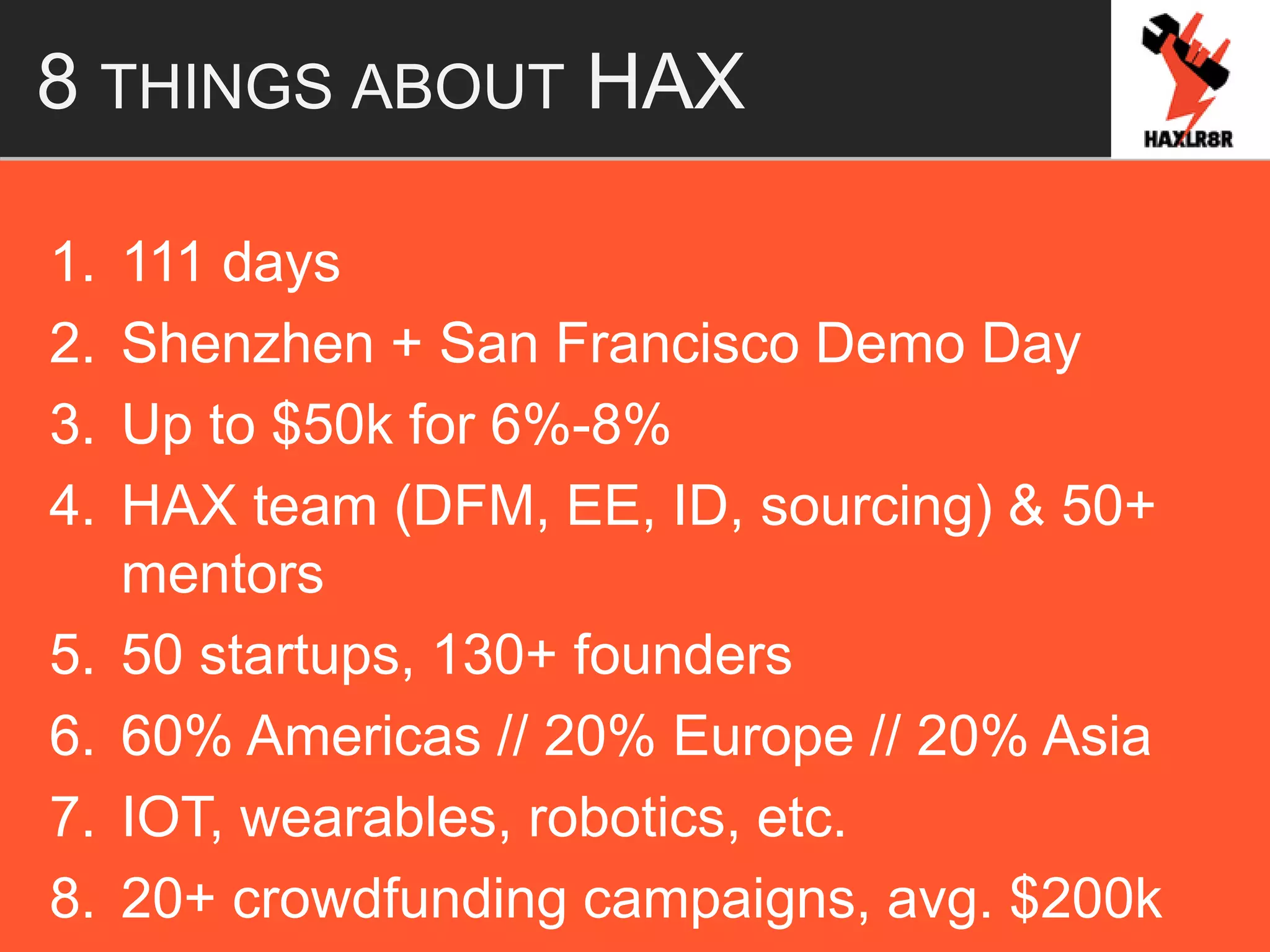 8 THINGS ABOUT HAX
1. 111 days
2. Shenzhen + San Francisco Demo Day
3. Up to $50k for 6%-8%
4. HAX team (DFM, EE, ID, sourcing) & 50+
mentors
5. 50 startups, 130+ founders
6. 60% Americas // 20% Europe // 20% Asia
7. IOT, wearables, robotics, etc.
8. 20+ crowdfunding campaigns, avg. $200k
 