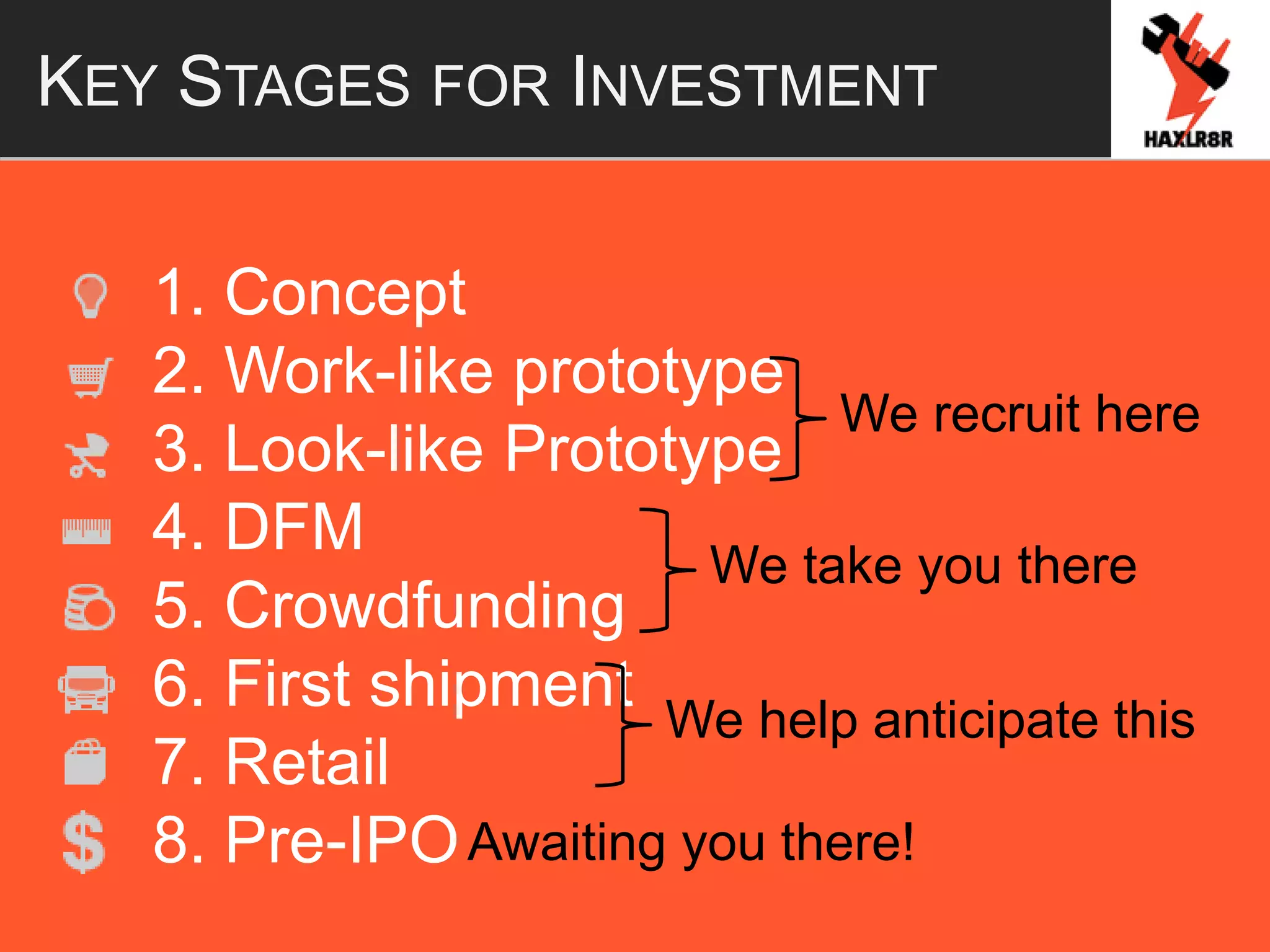 KEY STAGES FOR INVESTMENT
1. Concept
2. Work-like prototype
3. Look-like Prototype
4. DFM
5. Crowdfunding
6. First shipment
7. Retail
8. Pre-IPO
We recruit here
We take you there
We help anticipate this
Awaiting you there!
 