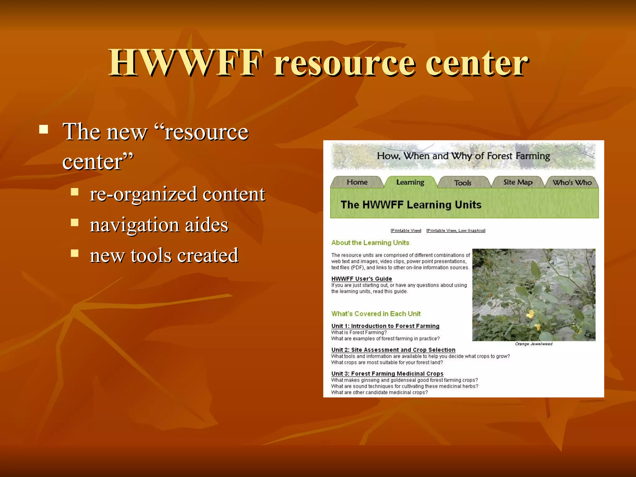 HWWFF resource center The new “resource center”  re-organized content navigation aides  new tools created 