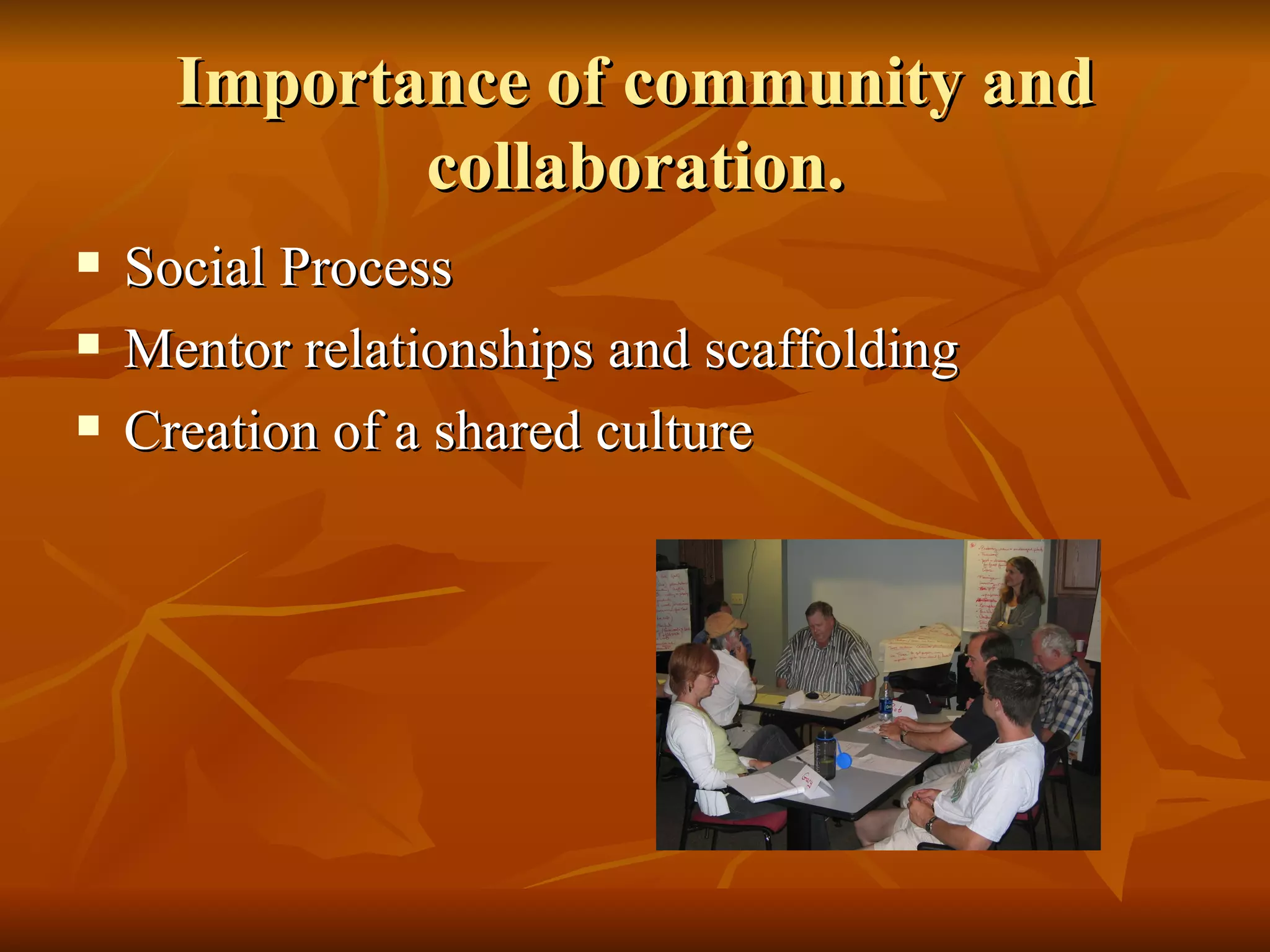 Importance of community and collaboration. Social Process Mentor relationships and scaffolding Creation of a shared culture 