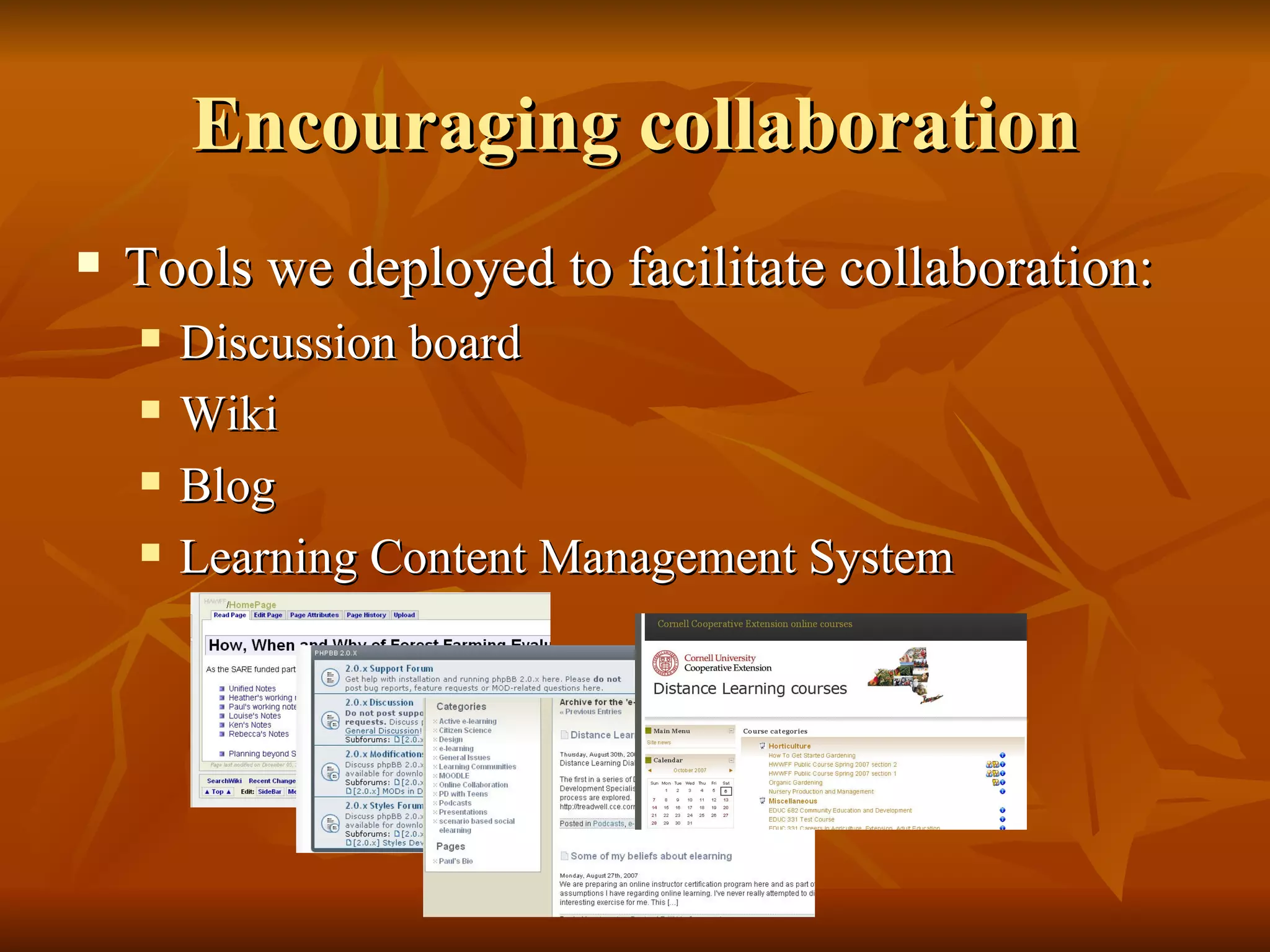 Encouraging collaboration Tools we deployed to facilitate collaboration: Discussion board  Wiki  Blog  Learning Content Management System 