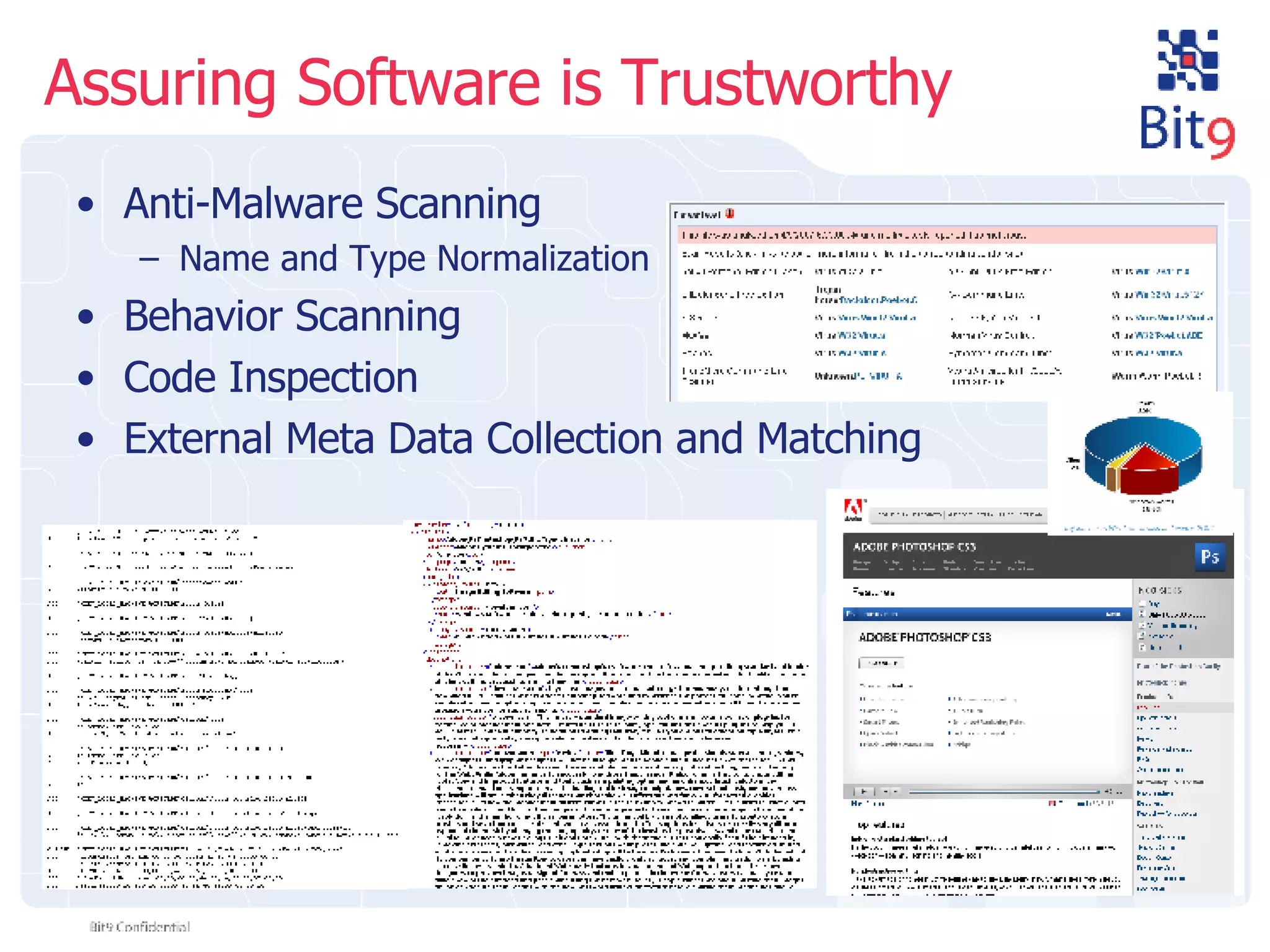 Assuring Software is Trustworthy Anti-Malware Scanning Name and Type Normalization Behavior Scanning Code Inspection External Meta Data Collection and Matching 