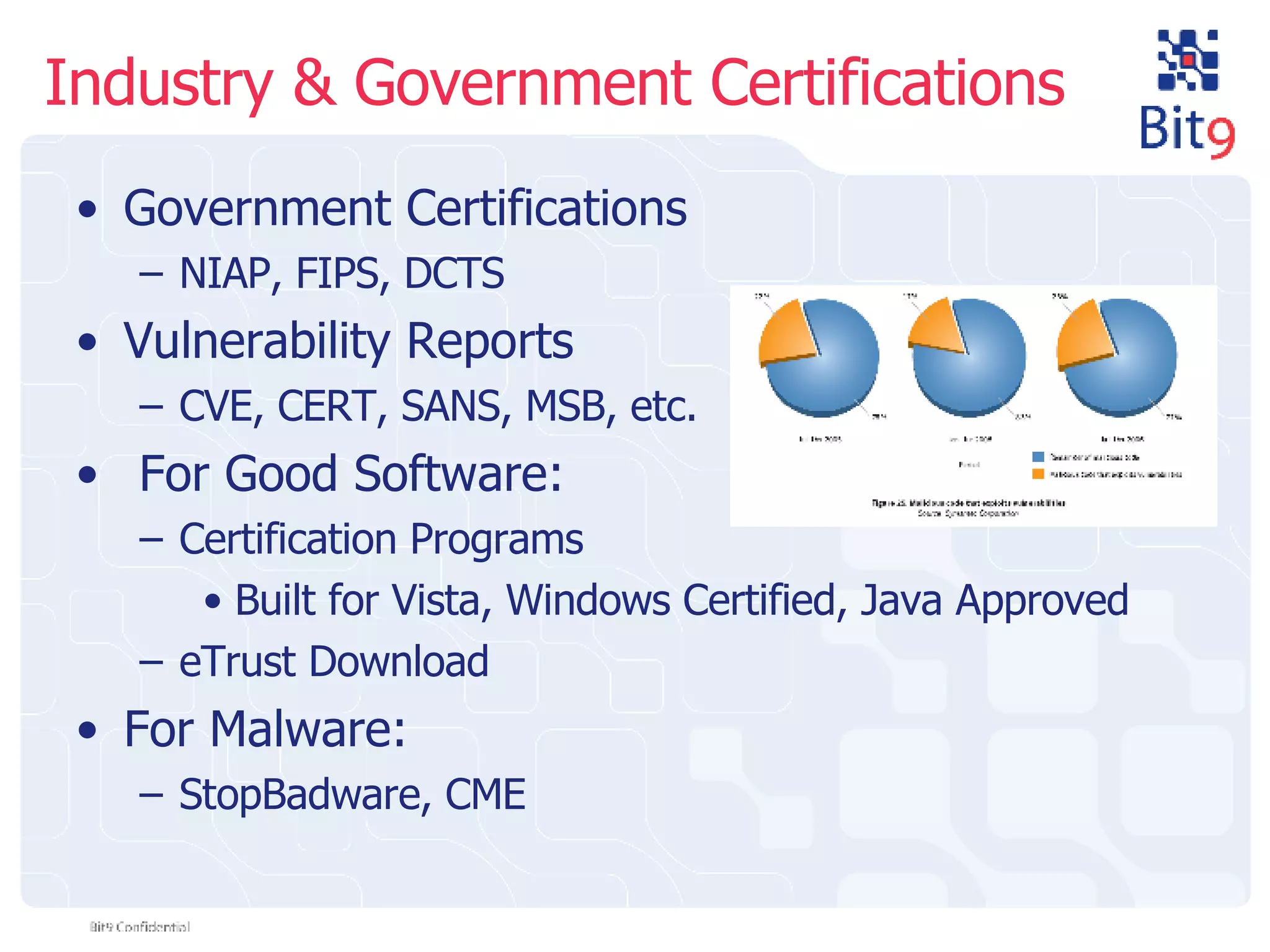 Industry & Government Certifications Government Certifications NIAP, FIPS, DCTS Vulnerability Reports CVE, CERT, SANS, MSB, etc. For Good Software: Certification Programs Built for Vista, Windows Certified, Java Approved eTrust Download For Malware: StopBadware, CME 
