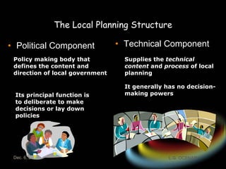 Political Component Technical Component The Local Planning Structure Policy making body that defines the content and direction of local government Supplies the  technical content  and  process  of local planning   It generally   has no decision-making   powers   Its principal function is to deliberate to make decisions or lay down policies 