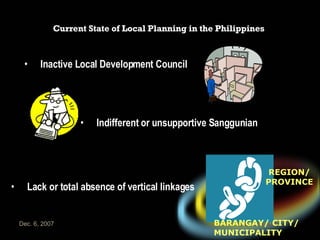 Current State of Local Planning in the Philippines Lack or total absence of vertical linkages REGION/ PROVINCE BARANGAY/ CITY/ MUNICIPALITY Indifferent or unsupportive Sanggunian Inactive Local Development Council 