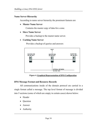Building a Linux IPv6 DNS Server
Name Server Hierarchy
According to name server hierarchy the prominent features are
• Master Name Server
Contains the master copy of data for a zone.
• Slave Name Server
Provides a backup to the master name server.
• Caching Name Server
Provides a backup of queries and answers
DNS Message Format and Resource Records
All communications inside of the domain protocol are carried in a
single format called a message. The top level format of message is divided
into 5 sections (some of which are empty in certain cases) shown below:
• Header
• Question
• Answer
• Authority
Figure 4. Graphical Representation of DNS Configuration
Page 34
 