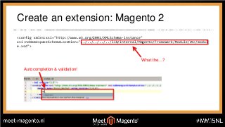 Create an extension: Magento 2
2. Activate the extension: CLI tool
modifies app/etc/config.php
php bin/magento module:enab...