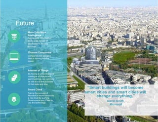Future
More Data More
Intelligence
Aggregate information
from wide range of
applications & data
sources
Channel Companies
Companies like Google’s
Nest is moving into the
space
Internet of Things
By having a comprehensive
catalogue of objects and
point buildings can optimize
its role to suit the purposes
of that state and time
“Smart buildings will becomeSmart Cities
Taking the concept of
Microsoft’s smart campus to
a new level by pushing
Governments and Cities to
use the technology
smart cities and smart cities will
change everything.”
Darrel Smith
Microsoft
 