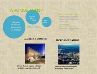WHO USES BMS?
NEW CONSTRUCTION
Education
Healthcare
Government
Life Sciences
Airports
Retail
Office Many
Others
INDUSTRIES
LA JOLLA COMMONS
Johnson Controls Metasys with data
analytics integration dashboard
Building managers optimize the
design of the facility plan for
integration at the inception and
planning stage
RETROFITS
Great opportunity for existing
buildings and portfolios to save in
energy and consumption
MICROSOFT CAMPUS
500-acre campus was retrofitted
by inventing a data driven
software
 