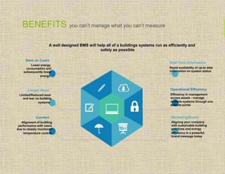BENEFITS you can’t manage what you can’t measure
A well designed BMS will help all of a buildings systems run as efficiently and
safely as possible
Save on Costs
Lower energy
consumption and
subsequently lower
energy
Longer Asset
Limited/Reduced wear
and tear on building
systems
Comfort
Alignment of building
performance with users
due to closely monitored
temperature control
Real Time Information
Rapid availability of up-to date
information on system status
Operational Efficiency
Efficiency in management
across assets - manage
multiple systems through one
website portal
Marketing/Brand
Aligning your company
with sustainable building
practices and energy
efficiency is a powerful
brand message today
 