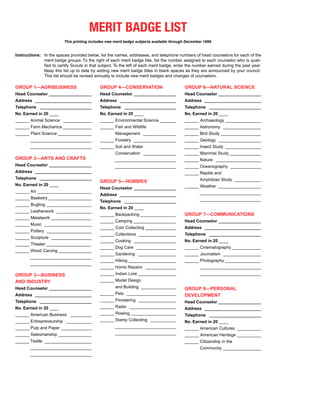 MERIT BADGE LIST
                          This printing includes new merit badge subjects available through December 1999.


Instructions: In the spaces provided below, list the names, addresses, and telephone numbers of head counselors for each of the
              merit badge groups. To the right of each merit badge title, list the number assigned to each counselor who is quali-
              fied to certify Scouts in that subject. To the left of each merit badge, enter the number earned during the past year.
              Keep this list up to date by adding new merit badge titles in blank spaces as they are announced by your council.
              This list should be revised annually to include new merit badges and changes of counselors.

GROUP 1—AGRIBUSINESS                         GROUP 4—CONSERVATION                          GROUP 6—NATURAL SCIENCE
Head Counselor __________________            Head Counselor __________________             Head Counselor __________________
Address ________________________             Address ________________________              Address ________________________
Telephone ______________________             Telephone ______________________              Telephone ______________________
No. Earned in 20 ____                        No. Earned in 20 ____                         No. Earned in 20 ____
______ Animal Science ____________           ______ Environmental Science _______          ______ Archaeology _______________
______ Farm Mechanics ____________           ______ Fish and Wildlife                      ______ Astronomy ________________
______ Plant Science ______________                  Management ______________             ______ Bird Study _________________
        __________________________           ______ Forestry __________________            ______ Geology __________________
        __________________________           ______ Soil and Water                         ______ Insect Study _______________
                                                     Conservation ______________           ______ Mammal Study _____________
GROUP 2—ARTS AND CRAFTS                              __________________________            ______ Nature ___________________
Head Counselor __________________                    __________________________            ______ Oceanography _____________
Address ________________________                                                           ______ Reptile and
Telephone ______________________                                                                   Amphibian Study ___________
                                             GROUP 5—HOBBIES
No. Earned in 20 ____                                                                      ______ Weather __________________
                                             Head Counselor __________________
______ Art _______________________                                                                 __________________________
                                             Address ________________________
______ Basketry __________________                                                                 __________________________
                                             Telephone ______________________
______ Bugling ___________________
                                             No. Earned in 20 ____
______ Leatherwork _______________
                                             ______ Backpacking _______________            GROUP 7—COMMUNICATIONS
______ Metalwork _________________
                                             ______ Camping __________________             Head Counselor __________________
______ Music ____________________
                                             ______ Coin Collecting _____________          Address ________________________
______ Pottery ___________________
                                             ______ Collections ________________           Telephone ______________________
______ Sculpture _________________
                                             ______ Cooking __________________             No. Earned in 20 ____
______ Theater ___________________
                                             ______ Dog Care _________________             ______ Cinematography ____________
______ Wood Carving ______________
                                             ______ Gardening ________________             ______ Journalism ________________
        __________________________
                                             ______ Hiking ____________________            ______ Photography _______________
        __________________________
                                             ______ Home Repairs _____________                     __________________________
GROUP 3—BUSINESS                             ______ Indian Lore ________________                   __________________________
AND INDUSTRY                                 ______ Model Design
Head Counselor __________________                    and Building _______________          GROUP 8—PERSONAL
Address ________________________             ______ Pets _____________________             DEVELOPMENT
Telephone ______________________             ______ Pioneering ________________            Head Counselor __________________
No. Earned in 20 ____                        ______ Radio ____________________             Address ________________________
______ American Business _________           ______ Rowing ___________________             Telephone ______________________
______ Entrepreneurship ___________          ______ Stamp Collecting ___________           No. Earned in 20 ____
______ Pulp and Paper _____________                  __________________________            ______ American Cultures __________
______ Salesmanship ______________                   __________________________            ______ American Heritage __________
______ Textile ____________________                                                        ______ Citizenship in the
        __________________________                                                                 Community ________________
        __________________________
 