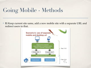 Going Mobile - Methods

✤   B) Keep current site same, add a new mobile site with a separate URL and
    redirect users to that.
 