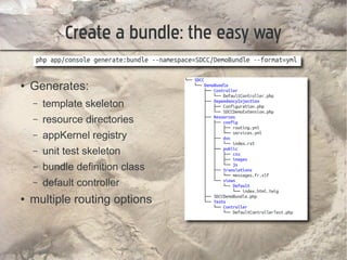 Create a bundle: the easy way

●   Generates:
    –   template skeleton
    –   resource directories
    –   appKernel registry
    –   unit test skeleton
    –   bundle definition class
    –   default controller
●   multiple routing options
 