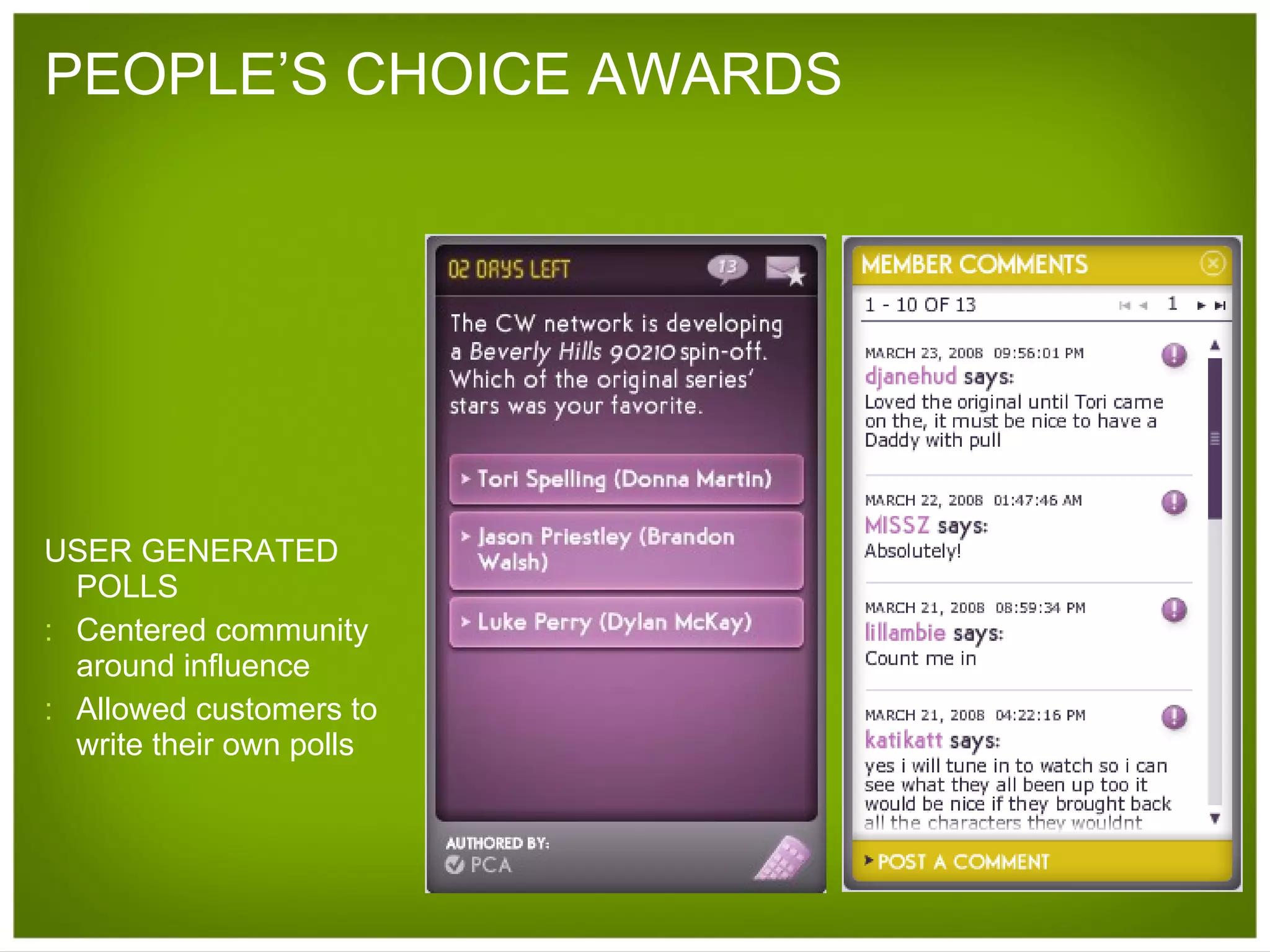 PEOPLE’S CHOICE AWARDS USER GENERATED POLLS Centered community around influence Allowed customers to write their own polls 