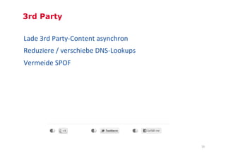 3rd Party

Lade	
  3rd	
  Party-­‐Content	
  asynchron	
  
Reduziere	
  /	
  verschiebe	
  DNS-­‐Lookups	
  
Vermeide	
  S...