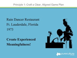 Principle 1: Craft a Clear, Aligned Game Plan Rain Dancer Restaurant  Ft. Lauderdale, Florida 1973 Create Experienced Meaningfulness! 
