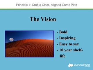 Principle 1: Craft a Clear, Aligned Game Plan The Vision - Bold - Inspiring - Easy to say  - 10 year shelf- life   