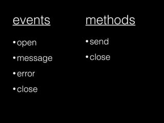 events
• open
• message
• error
• close
• send
• close
methods
 
