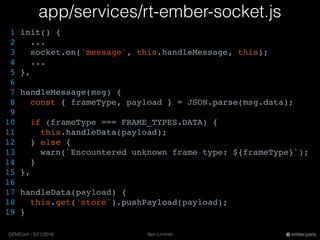 Ben LimmerGEMConf - 5/21/2016 ember.party
app/services/rt-ember-socket.js
1 init() {
2 ...
3 socket.on('message', this.handleMessage, this);
4 ...
5 },
6
7 handleMessage(msg) {
8 const { frameType, payload } = JSON.parse(msg.data);
9
10 if (frameType === FRAME_TYPES.DATA) {
11 this.handleData(payload);
12 } else {
13 warn(`Encountered unknown frame type: ${frameType}`);
14 }
15 },
16
17 handleData(payload) {
18 this.get('store').pushPayload(payload);
19 }
 