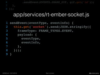 Ben LimmerGEMConf - 5/21/2016 ember.party
6 .sendEvent(EVENTS.SHARE_GIF, gif.get('id'));
7 },
8 });
app/services/rt-ember-socket.js
1 sendEvent(eventType, eventInfo) {
2 this.get('socket').send(JSON.stringify({
3 frameType: FRAME_TYPES.EVENT,
4 payload: {
5 eventType,
6 eventInfo,
7 },
8 }));
9 }
 