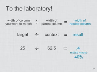 To the laboratory!
 width of column
you want to match   ÷      width of
                        parent column   =      width of
                                            nested column


       target       ÷     context       =    result


         25         ÷      62.5         =       .4
                                            which means
                                              40%

                                                            24
 