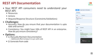Your REST API consumers need to understand your
REST API:
Resources
Actions
Request/Response Structure (Constraints/Validations)
Challenges:
Accuracy: How do you ensure that your documentation is upto
date and correct?
Consistency: You might have 100s of REST API in an enterprise.
How do you ensure consistency?
Options:
1: Manually Maintain Documentation
Additional effort to keep it in sync with code
2: Generate from code
REST API Documentation
REST API Documentation
10
 