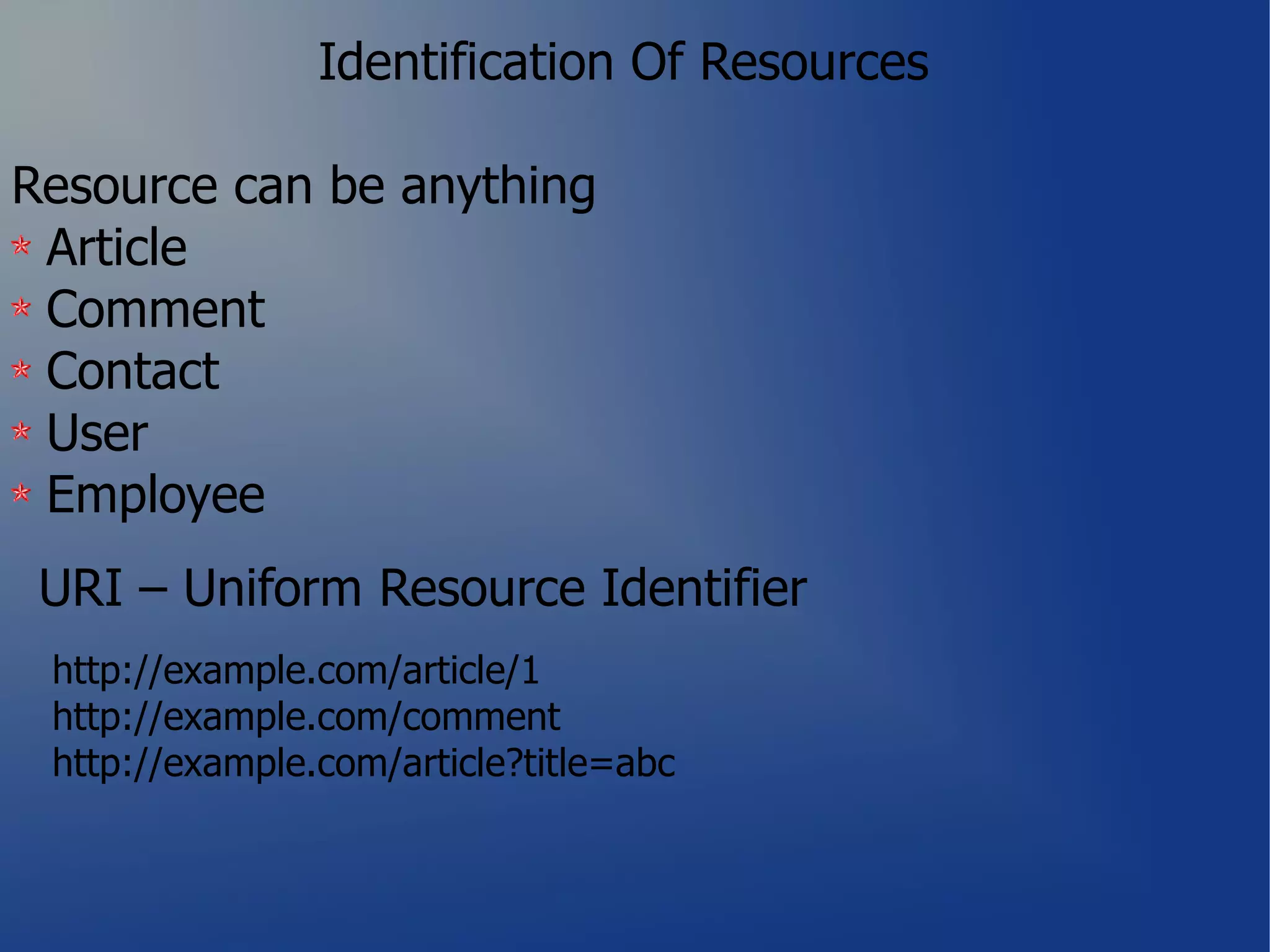 Identification Of Resources

Resource can be anything
 Article
 Comment
 Contact
 User
 Employee
 URI – Uniform Resource Identifier
 http://example.com/article/1
 http://example.com/comment
 http://example.com/article?title=abc
 
