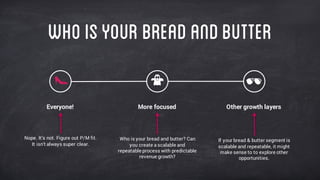 WhoisYOURBREADANDBUTTER
Everyone! More focused
If your bread & butter segment is
scalable and repeatable, it might
make sense to to explore other
opportunities.
Other growth layers
Who is your bread and butter? Can
you create a scalable and
repeatable process with predictable
revenue growth?
Nope. It’s not. Figure out P/M fit.
It isn’t always super clear.
 