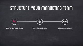 Structure yourmarketingteam
One or two generalists More focused roles Highly specialized
 