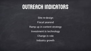 Site re-design
Fiscal yearend
Ramp up in content strategy
Investment in technology
Change in role
Industry growth
Outreachindicators
 