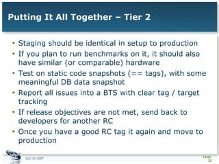 Putting It All Together – Tier 2 Staging should be identical in setup to production If you plan to run benchmarks on it, it should also have similar (or comparable) hardware  Test on static code snapshots (== tags), with some meaningful DB data snapshot Report all issues into a BTS with clear tag / target tracking If release objectives are not met, send back to developers for another RC Once you have a good RC tag it again and move to production 