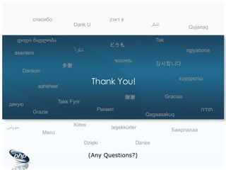 Thank You! ﺷﻜﺮﺍﹰ Qagaasakuq Grazie Tak Dank U Dankon Kiitos დიდი მადლობა Danke Qujanaq ευχαριστώ Merci どうも Рахмет 감사합니다 سوپاس Баярлалаа aahéhee' Takk Fyrir تشكر Dzięki спасибо Gracias asanteni ขอบคุณ teşekkürler дякую אַ  דאַנק ngiyabona תודה 多謝 謝謝 (Any Questions?) 