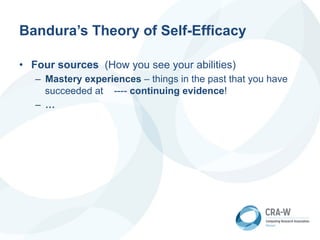 Bandura’s Theory of Self-Efficacy
• Four sources (How you see your abilities)
– Mastery experiences – things in the past that you have
succeeded at ---- continuing evidence!
– …
 