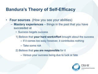Bandura’s Theory of Self-Efficacy
• Four sources (How you see your abilities)
– Mastery experiences – things in the past that you have
succeeded at
• Success begets success
1) Believe that your hard work/effort brought about the success
– If it comes too easy however, it contributes nothing
– Take some risk
2) Believe that you are responsible for it
– Versus your success being due to luck or fate
 