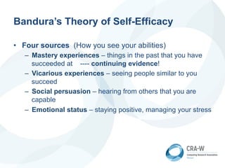 Bandura’s Theory of Self-Efficacy
• Four sources (How you see your abilities)
– Mastery experiences – things in the past that you have
succeeded at ---- continuing evidence!
– Vicarious experiences – seeing people similar to you
succeed
– Social persuasion – hearing from others that you are
capable
– Emotional status – staying positive, managing your stress
 