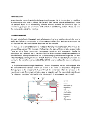 3.1 Introduction
Air conditioning system is a mechanical way of cooling down the air temperature in a building,
by removing the heat, so as to provide the user with good thermal comfort and air quality. There
are different types of air conditioning systems, namely; Window air conditioner, Split air
conditioner, packaged air conditioner and central air conditioning system. These are used
depending on the size of the building.
3.2 Literature review
Being a tropical climate, Malaysia is quite a hot country. In a lot of buildings, there is the need to
cool down the interior temperature so as to achieve thermal comfort. Mechanical ventilation and
air- condition are used when passive ventilation are not available.
The main use of an air conditioner is to cool down the temperature of a room. This involves the
science of heat transfer. This eliminates the heat from the room while keeping the air cool inside.
There are three basic components; compressor, condenser and evaporator. Usually the
compressor and condenser are located outside of the air-conditioned area while the evaporator
is located inside. The liquid used inside the air-conditioning system is called refrigerant. The most
efficient and popular refrigerant is the R-410A. It contains hydro-fluorocarbon(HCF) which is less
harmful to the ozone layer compared to CFC and HCFC which were found in previous refrigerant
types.
The evaporator turns the refrigerant to vapor. Once it is evaporated, it starts absorbing heat from
the room and leaves only cool air that will be sent to the room. The evaporated refrigerant is
them pumped to the outdoor unit. It goes through the compressor where the pressure of the
vapor is increased. The refrigerant is then able to move through the system to the condenser.
The condenser consists of coils in which the compressed refrigerant vapor goes through
Fig.4.2a
Source:
http://www.air-
conditioning-
and-
refrigeration-
guide.com/air-
conditioning-
circuit-and-
cycle-
diagram.html
 