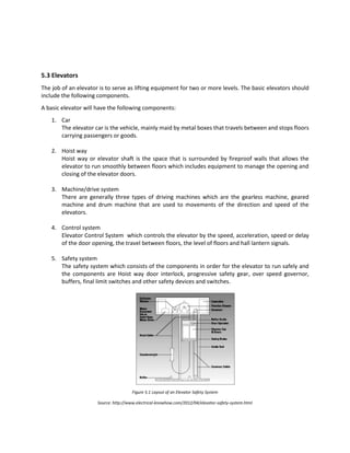 5.3 Elevators
The job of an elevator is to serve as lifting equipment for two or more levels. The basic elevators should
include the following components.
A basic elevator will have the following components:
1. Car
The elevator car is the vehicle, mainly maid by metal boxes that travels between and stops floors
carrying passengers or goods.
2. Hoist way
Hoist way or elevator shaft is the space that is surrounded by fireproof walls that allows the
elevator to run smoothly between floors which includes equipment to manage the opening and
closing of the elevator doors.
3. Machine/drive system
There are generally three types of driving machines which are the gearless machine, geared
machine and drum machine that are used to movements of the direction and speed of the
elevators.
4. Control system
Elevator Control System which controls the elevator by the speed, acceleration, speed or delay
of the door opening, the travel between floors, the level of floors and hall lantern signals.
5. Safety system
The safety system which consists of the components in order for the elevator to run safely and
the components are Hoist way door interlock, progressive safety gear, over speed governor,
buffers, final limit switches and other safety devices and switches.
Figure 5.1 Layout of an Elevator Safety System
Source: http://www.electrical-knowhow.com/2012/04/elevator-safety-system.html
 