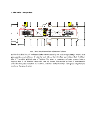 5.8 Escalator Configuration
Figure 5.29 First Floor Plan of Centro Mall with Indication of Escalators
Parallel escalators are used in the Centro Mall which has side by side escalators placed by a distance that
goes up and down, in different direction for each side. As like in the floor plan in Figure 5.29 First Floor
Plan of Centro Mall with Indication of Escalator. This serves as convenience of travel for users in each
opposite ends of the mall which also saves time and enables users to directly travel to different floor
without walking a distance which also enable to control the traffic when there are large capacity of people
moving at the same direction.
 