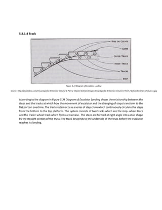 5.8.1.4 Track
According to the diagram in Figure 5.34 Diagram of Escalator Landing shows the relationship between the
steps and the tracks at which how the movement of escalator and the changing of steps transform to the
flat portion overtime. The track system acts as a series of step chain which continuously circulate the steps
from the bottom to the top platform. The system consists of two tracks which are the step- wheel track
and the trailer-wheel track which forms a staircase. The steps are formed at right angle into a stair shape
by the straight section of the truss. The track descends to the underside of the truss before the escalator
reaches its landing.
Figure 5.34 Diagram of Escalator Landing
Source: http://gluedideas.com/Encyclopedia-Britannica-Volume-8-Part-2-Edward-Extract/images/Encyclopedia-Britannica-Volume-8-Part-2-Edward-Extract_Picture11.jpg
 