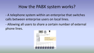 How the PABX system works?
- A telephone system within an enterprise that switches
calls between enterprise users on local lines.
- Allowing all users to share a certain number of external
phone lines.
 