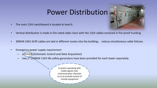 Power Distribution
• The main 11kV switchboard is located at level 6.
• Vertical distribution is made in fire-rated cable risers with the 11kV cables enclosed in fire-proof trunking
• 30MVA 33kV XLPE cables are laid in different routes into the building： reduce simultaneous cable failures
• Emergency power supply requirement
– a SCADA (Schematic Control and Data Acquisition)
– two 2*1500kW 11kV life-safety generators have been provided for each tower separately.
A system operating with
coded signals over
communication channels
so as to provide control of
remote equipment
 