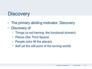 Discovery The primary abiding motivator: Discovery Discovery of Things (a red herring: the functional domain) Places (the Third Space) People (who fill the places) Self (at the still point of the turning world) 
