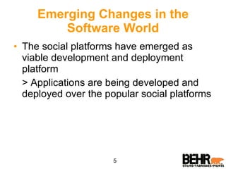 Emerging Changes in the Software World The social platforms have emerged as viable development and deployment platform  > Applications are being developed and deployed over the popular social platforms 5 