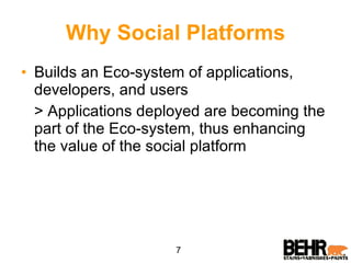 Why Social Platforms Builds an Eco-system of applications, developers, and users  > Applications deployed are becoming the part of the Eco-system, thus enhancing the value of the social platform 7 
