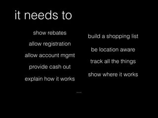 show rebates
it needs to
allow registration
allow account mgmt
provide cash out
explain how it works
show where it works
…
build a shopping list
be location aware
track all the things
 