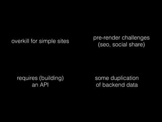 pre-render challenges
(seo, social share)
overkill for simple sites
some duplication
of backend data
requires (building)
an API
 