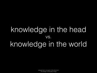 knowledge in the head
vs.
knowledge in the world
adapted from concepts in Don Norman’s
The Design of Everyday Things
 
