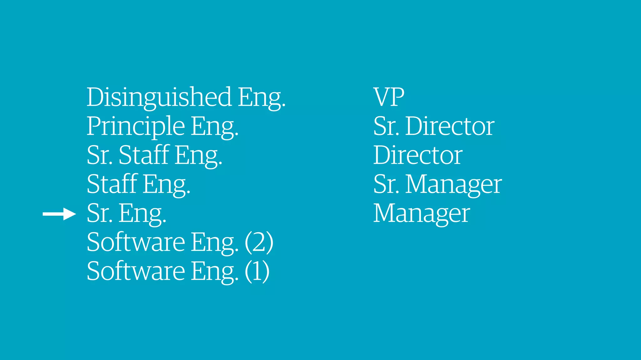 Disinguished Eng.
Principle Eng.
Sr. Staff Eng.
Staff Eng.
Sr. Eng.
Software Eng. (2)
Software Eng. (1)
VP
Sr. Director
Director
Sr. Manager
Manager
 