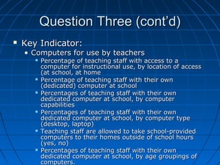 Question Three (cont’d)


Key Indicator:

• Computers for use by teachers












Percentage of teaching staff with access to a
computer for instructional use, by location of access
(at school, at home
Percentage of teaching staff with their own
(dedicated) computer at school
Percentages of teaching staff with their own
dedicated computer at school, by computer
capabilities
Percentages of teaching staff with their own
dedicated computer at school, by computer type
(desktop, laptop)
Teaching staff are allowed to take school-provided
computers to their homes outside of school hours
(yes, no)
Percentages of teaching staff with their own
dedicated computer at school, by age groupings of
computers.

 